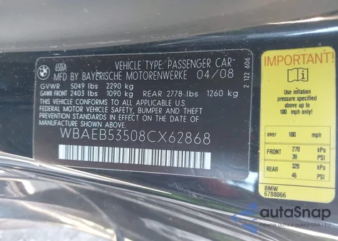 2008 BMW 650I z USA, uszkodzony, nr VIN WBAEB53508CX62868